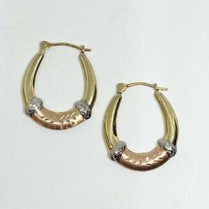Vintage 14K Solid Gold Tricolor Puff Hoop Engraved Earrings JCM Jacmel Mauritius